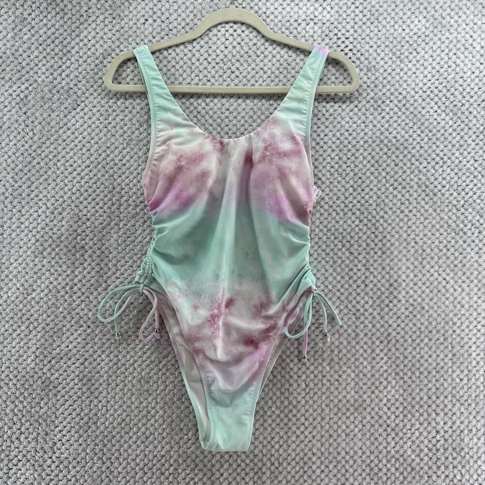 CupShe Swimsuit One Piece Womens L Tie Dye Purple Turquoise Rushed Side Tie New - Picture 1 of 10